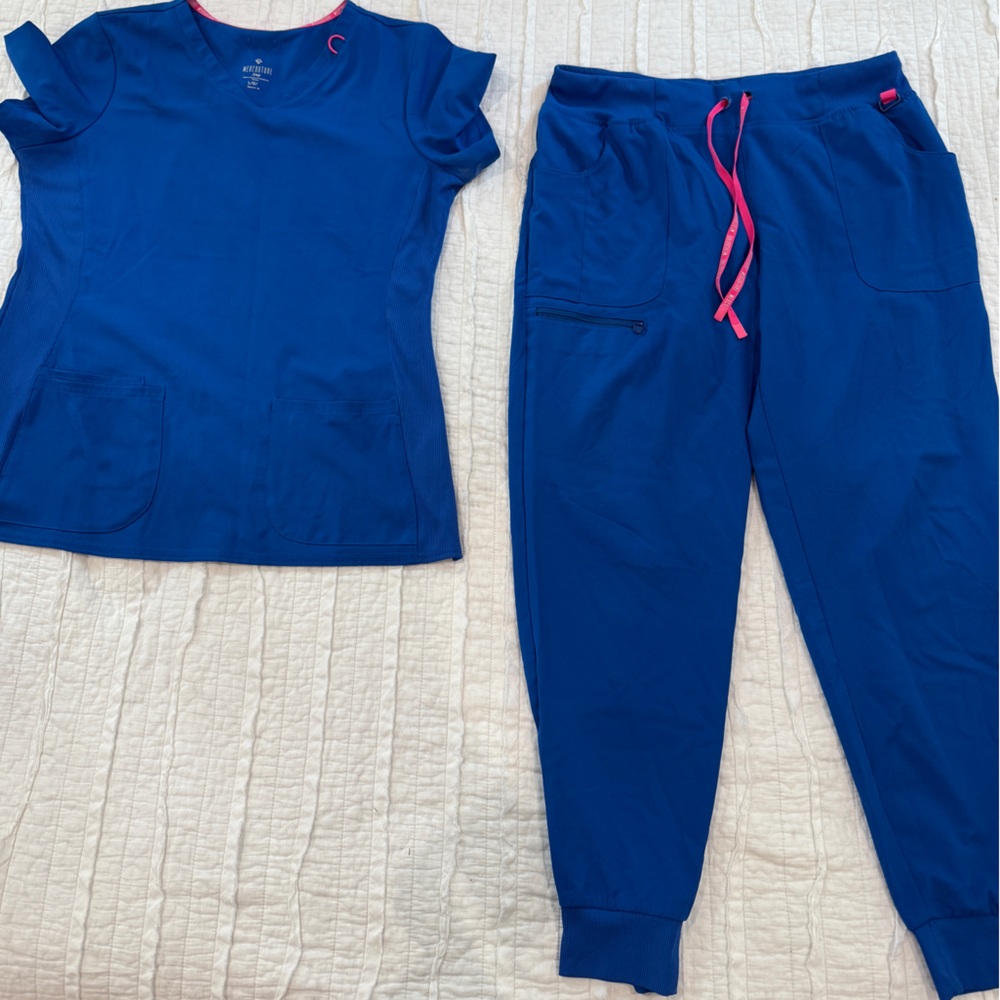 Med Couture Royal Blue Scrub Set with Pink Trim
